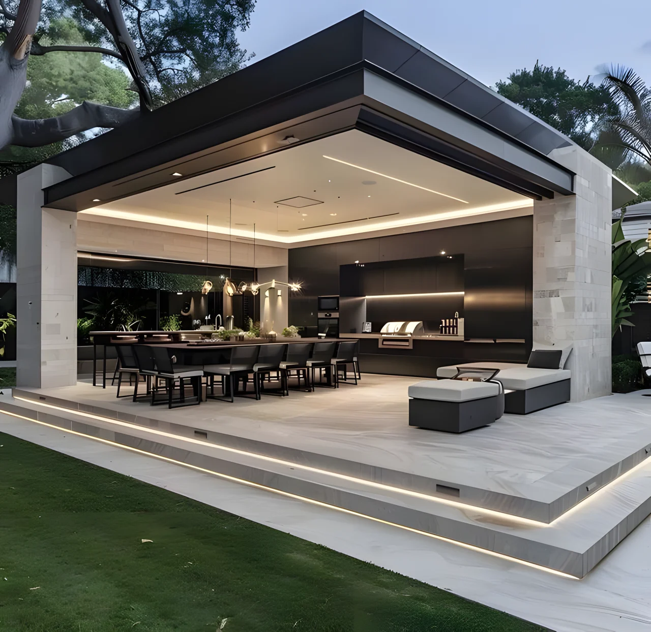 Covered outdoor kitchen and dining pavilion with a lit stone ceiling, black cabinetry and a lounge on raised steps