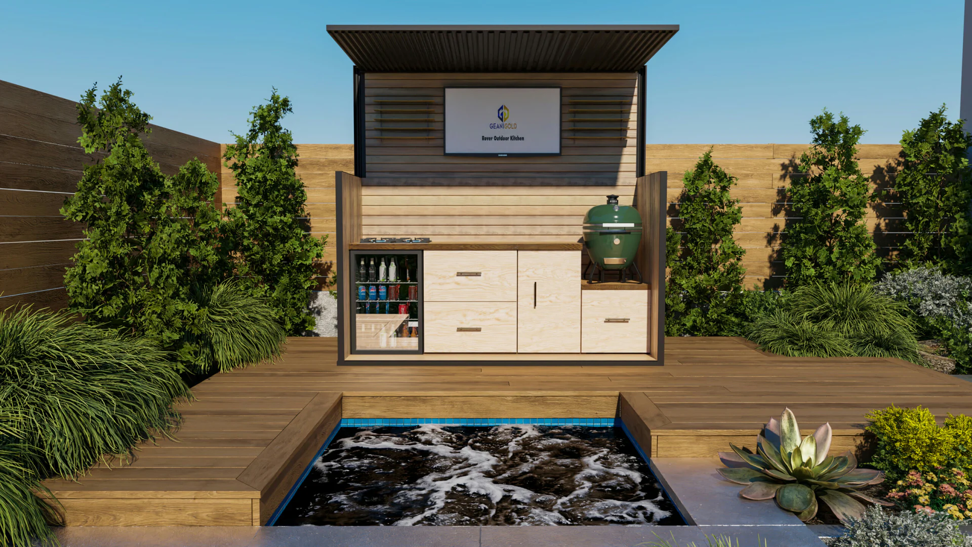 Visualisation of the Voyager outdoor kitchen beside a pool